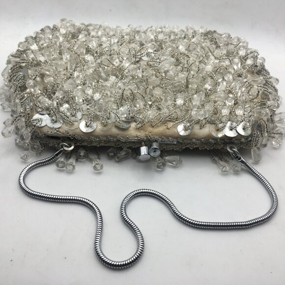 Vintage Beaded Sequin Clutch Evening Bag Wedding Snap White Made Hong Kong Purse - Picture 8 of 16